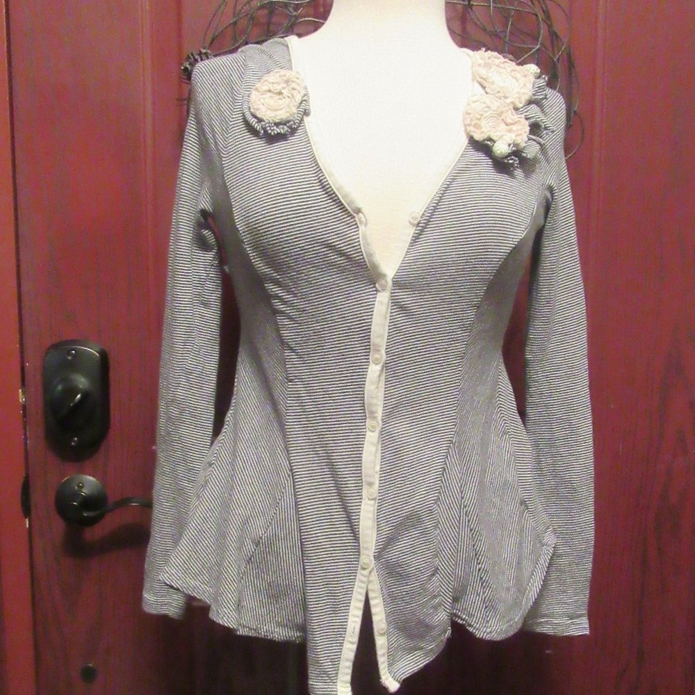 Y2K Vintage Anthropologie Black Cream Luluvia Striped Cardigan w. flowers Small